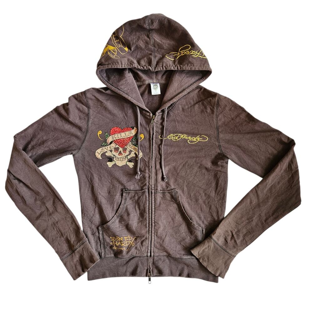 Y2k Ed Hardy Hoodie Brown Love Kills Zip-Up Vintage McBling - Small
